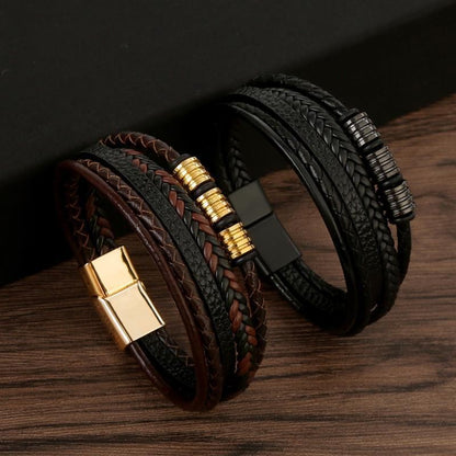 Pulseira de Couro Masculina Punk com Fecho Magnético de Aço Inoxidável Trançado em Camadas Envoltório de Couro Pulseiras Presente Joias Masculinas