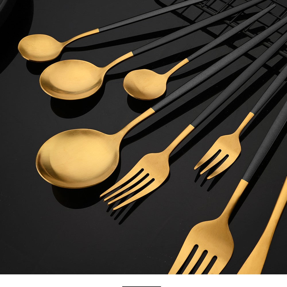 Talheres de Aço Inoxidável Preto Dourado Kit de Talheres Faca de Jantar Colher de Café Garfo Garfo de Salada Colher Faqueiro