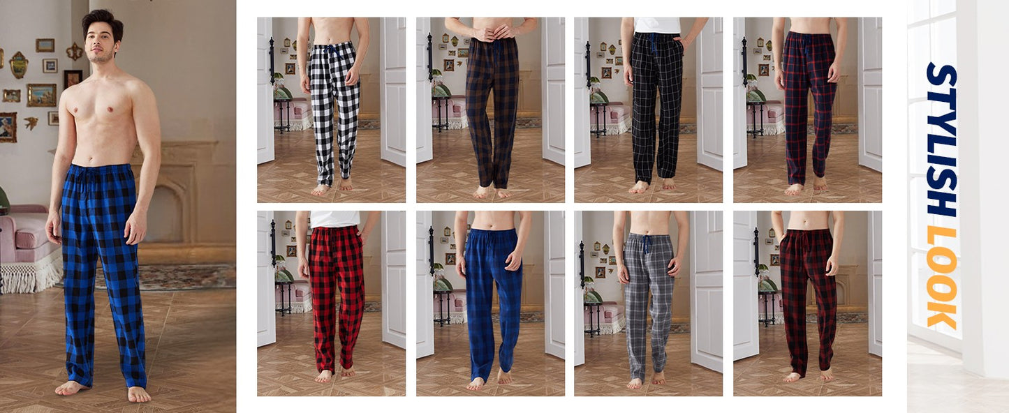 3pcs Mens Pajamas Pants with Pockets Flannel Soft Warm Plaid Pajamas Bottoms Autumn and Winter Daily Loungewear Sleepwear