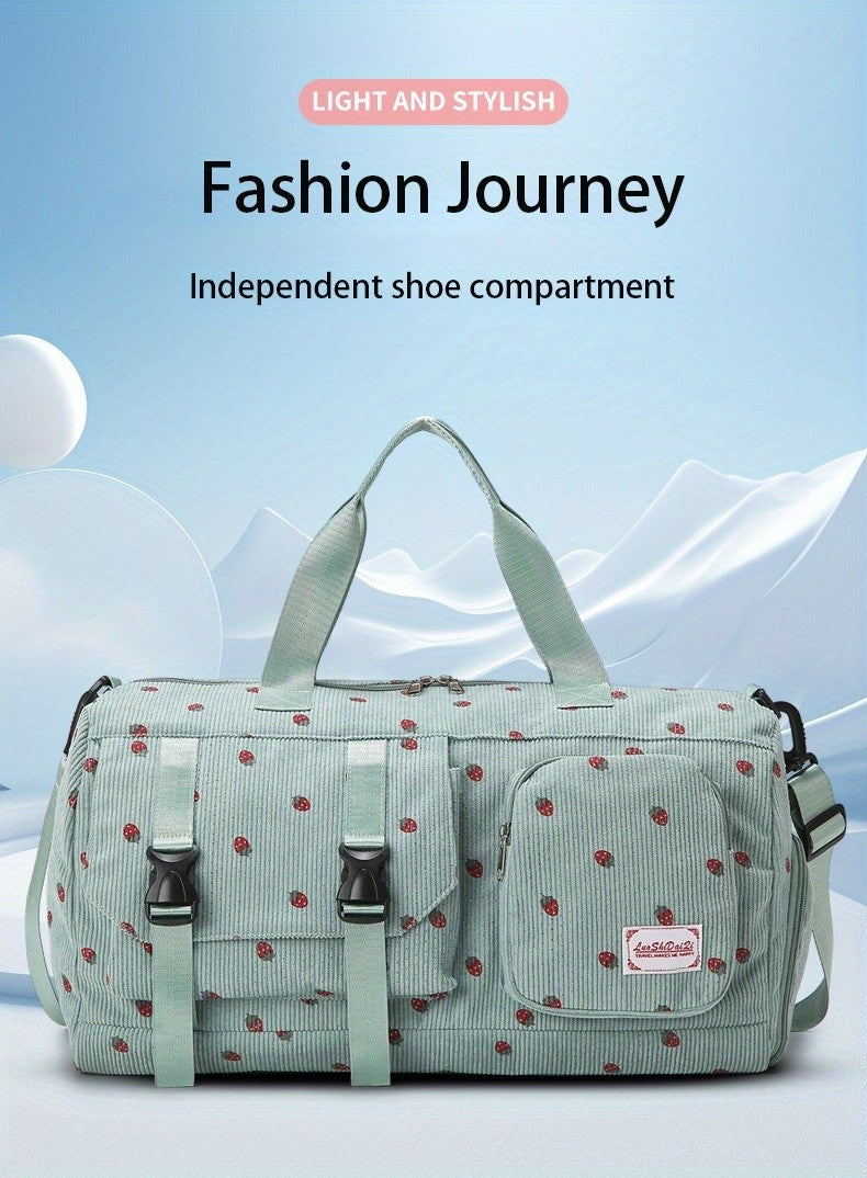Large Capacity Travel Duffel Bag with Strawberry Pattern, Wet/Dry Separation, Independent Shoe Compartment & Multiple Pockets