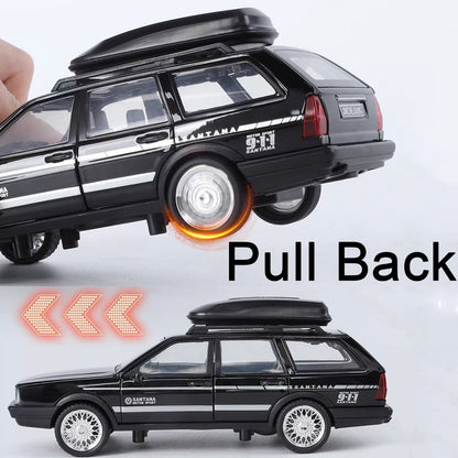 1:32 SANTANA Carros de Brinquedo em Miniatura de Liga Leve com Som, Luz e Portas que Abrem, Puxar para Trás, Veículos de Decoração para Presentes Infantis