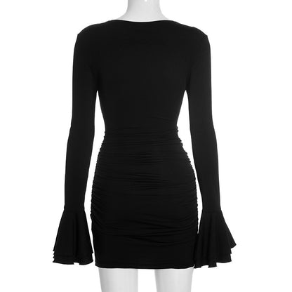 Women Flared-Sleeve Bodycon Pleated Dresses Fashion O-Neck Solid High-Waisted Slim Party Dress Evening Female Mini Dress 2025