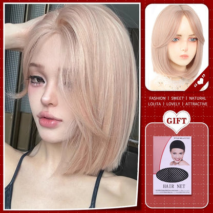 Peruca Sintética Lolita Curta Cacheada 12 Polegadas Doce E Adorável Dourado-Branco Natural Fofa Cabelo Ondulado Cosplay Peruca De Cabeça Cheia Para
