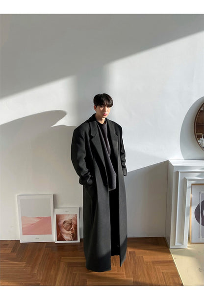 Mauroicardi Autumn Winter Extra Long Warm Black Loose Casual Wool Blends Coat Men Luxury Floor Length Overcoat Korean Fashion