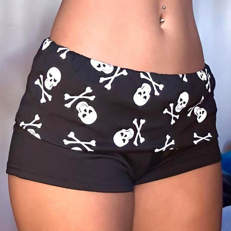 Summer Dark Skull Printing Shorts Casual Fashion Y2K Sexy Slim Versatile Streetwear Low Waist Solid Color American Women Clothes