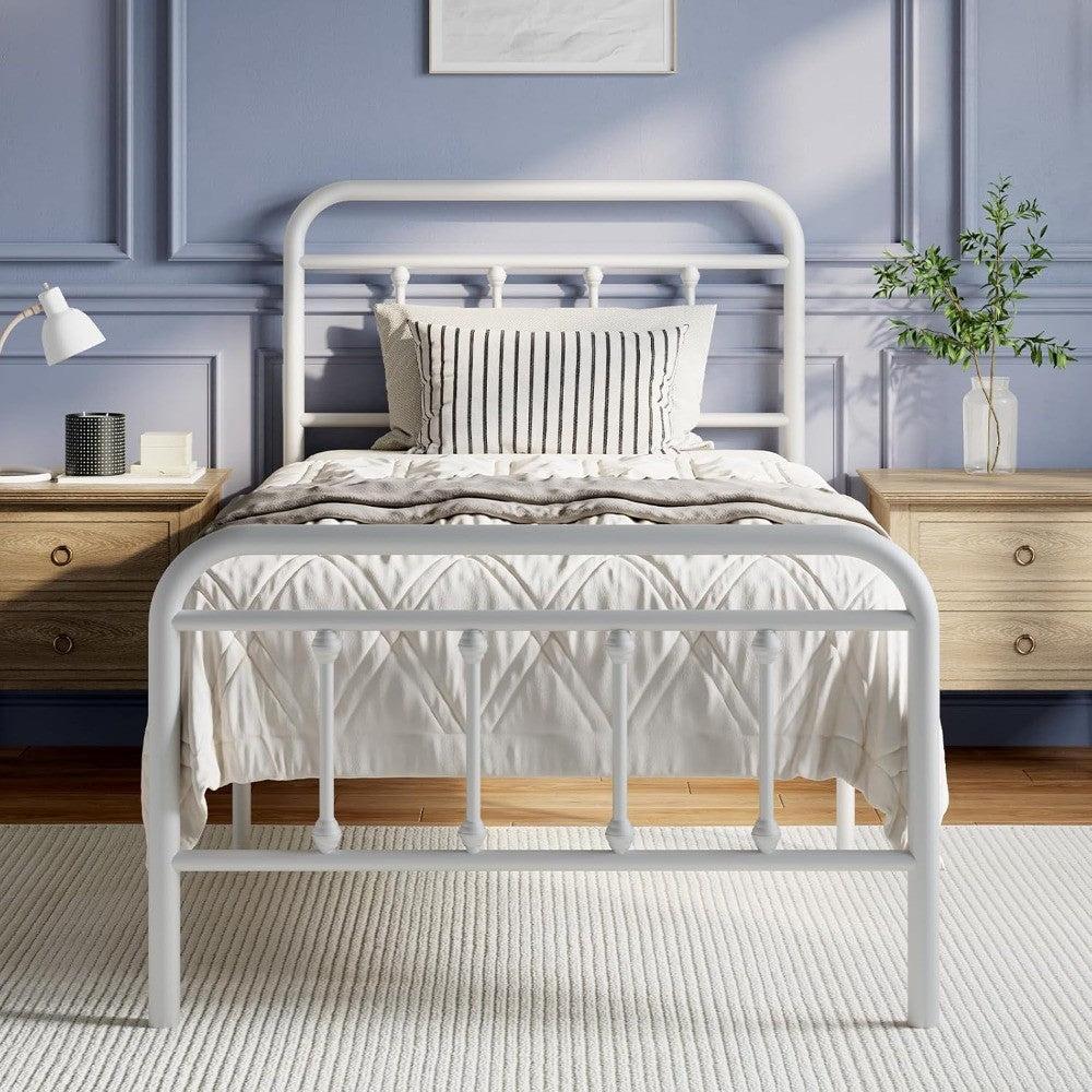 Estrutura de Cama de Metal Tamanho Solteiro – Estilo Vitoriano Moderno Minimalista com Cabeceira/Peseira, Estrados de Aço Resistentes/Embaixo da Cama