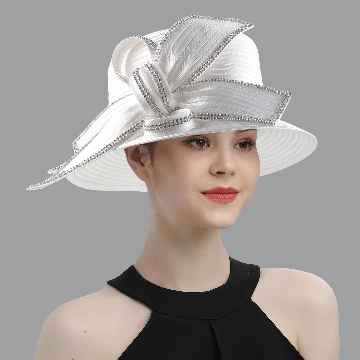 Deluxe New White Church Hat Party Banquet Satin Cloth Photography Hats Premium Chains Formal Hat Flower Top Cap For Women Ladies