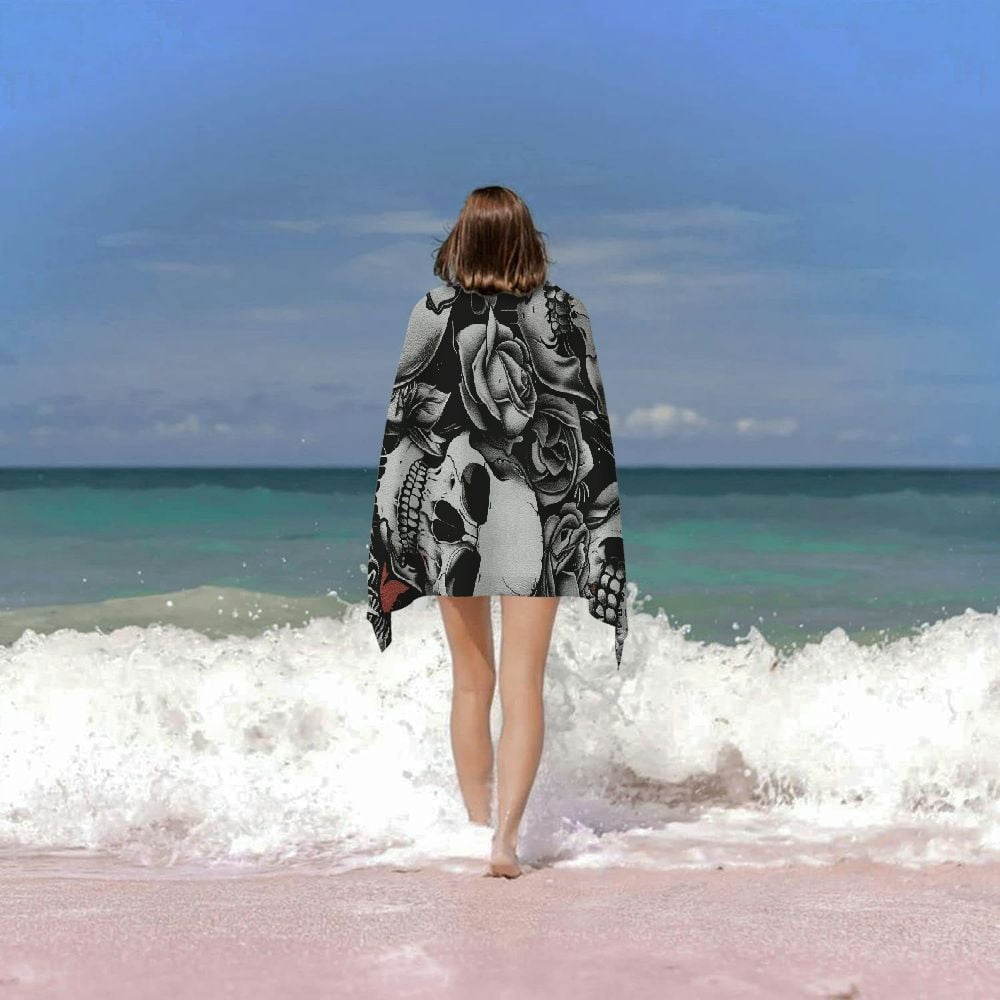 Gothic Skulls and Roses Bath Towel - Soft Absorbent, Perfect for Adults | Intricate Black and White Skeleton with Rose Design