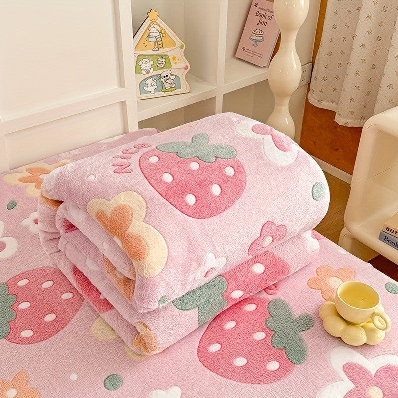 Cozy Floral Flannel Throw Blanket Soft Machine Washable All-Season Comfort with Cute Pink Strawberry Flower Design