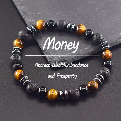 Pulseira Clássica Preta de Contas de Pedra Vulcânica Labradorita Natural, Joia Masculina e Feminina de Proteção Espiritual e Equilíbrio Energético