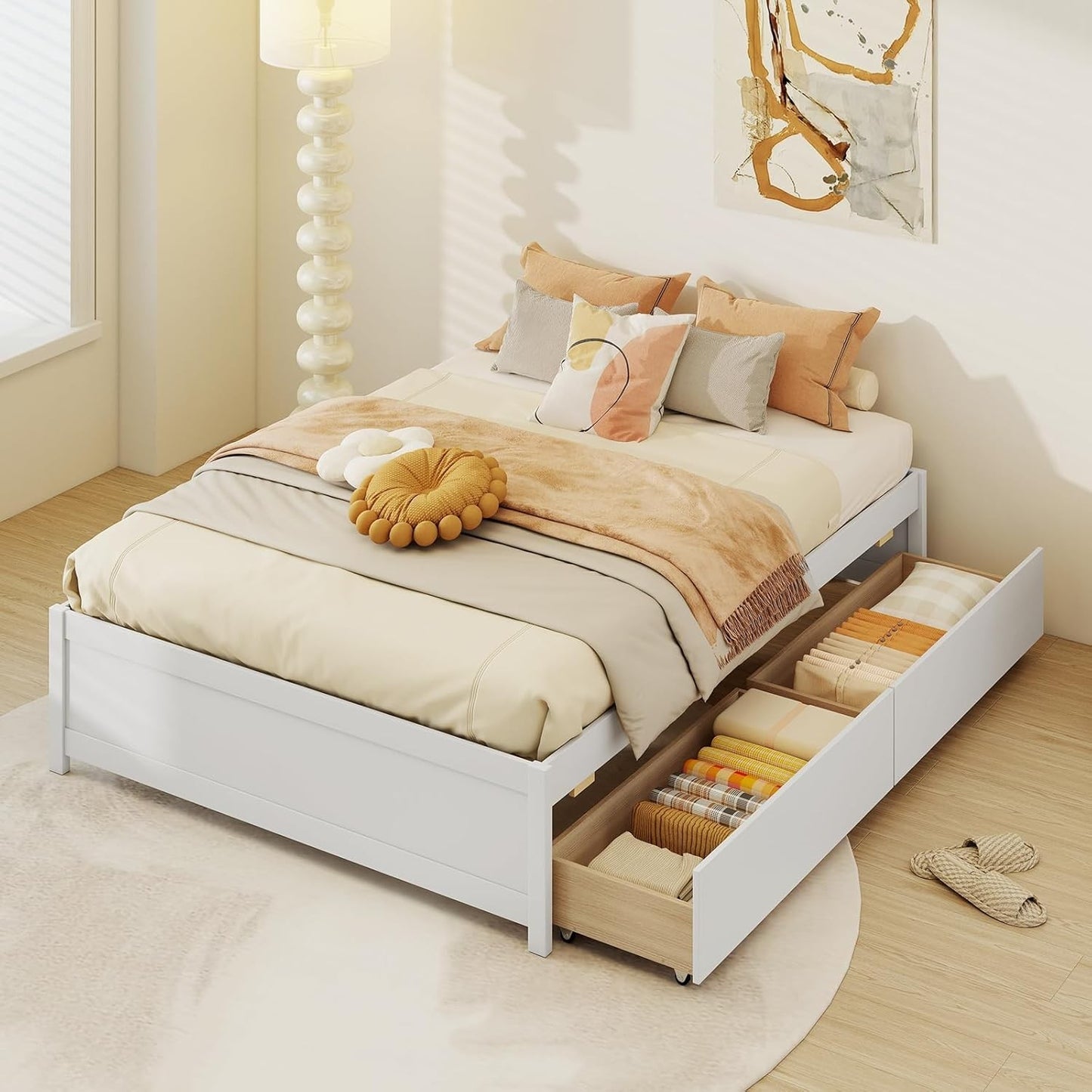 Cama de Madeira Casal com 2 Gavetas de Armazenamento com Rodas, Estrutura de Cama Plataforma de Madeira, Base para Colchão com Estrado de Madeira