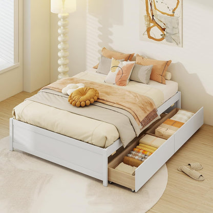 Cama de Madeira Casal com 2 Gavetas de Armazenamento com Rodas, Estrutura de Cama Plataforma de Madeira, Base para Colchão com Estrado de Madeira