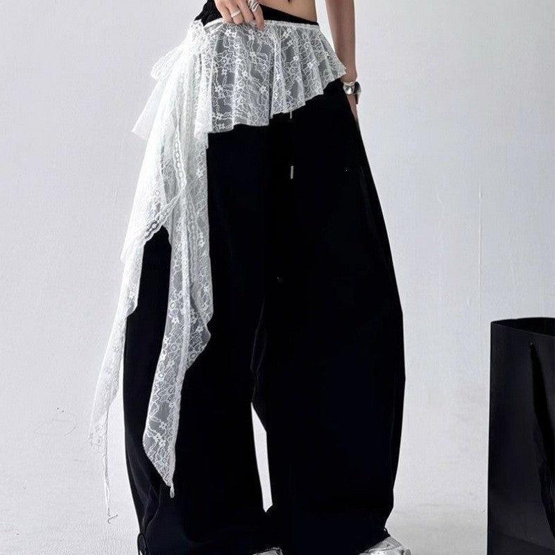 Jeans Pants Decor Embroidered Flower Lace Mini Skirt Irregular See Through Ruched Skirts High Waist Harajuku Pleated Skirts