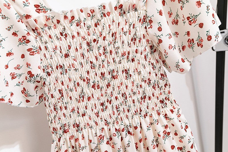 Spring Summer Chiffon Dress Women Midi DressesFemale Short Sleeve Elastic Waist