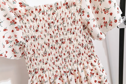 Spring Summer Chiffon Dress Women Midi DressesFemale Short Sleeve Elastic Waist