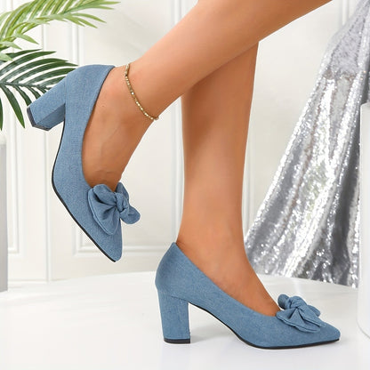 Women's Bowknot Denim Pumps Pointed Toe Slip on Chunky High Heels Fashion Dress Shoes Sapatos Femininos
