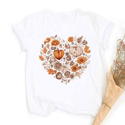 Fall Heart Women's Fall Shirt Pumpkin Season Short Sleeves Thanksgiving Halloween Party Shirts Fashion Women T-shirt Clothes