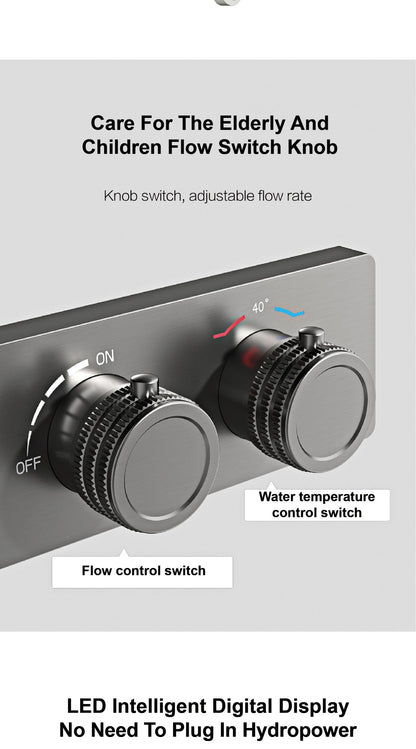 Sistema de chuveiro de teto luxuoso em latão cinza escuro com temperatura constante e display digital LED de água quente e fria, torneira de banheiro embutida