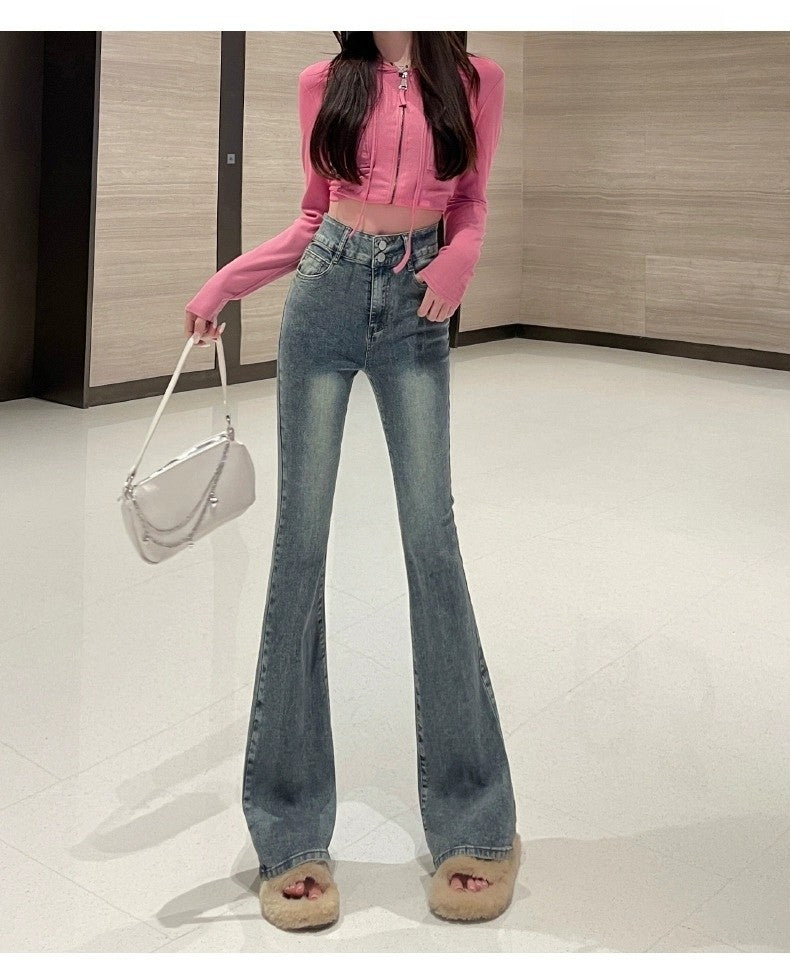 High Waist Fce Lined Thiened Autumn Winter American Bla ey Micro Flared Jeans Women Slimming Legging  Hoof Pants