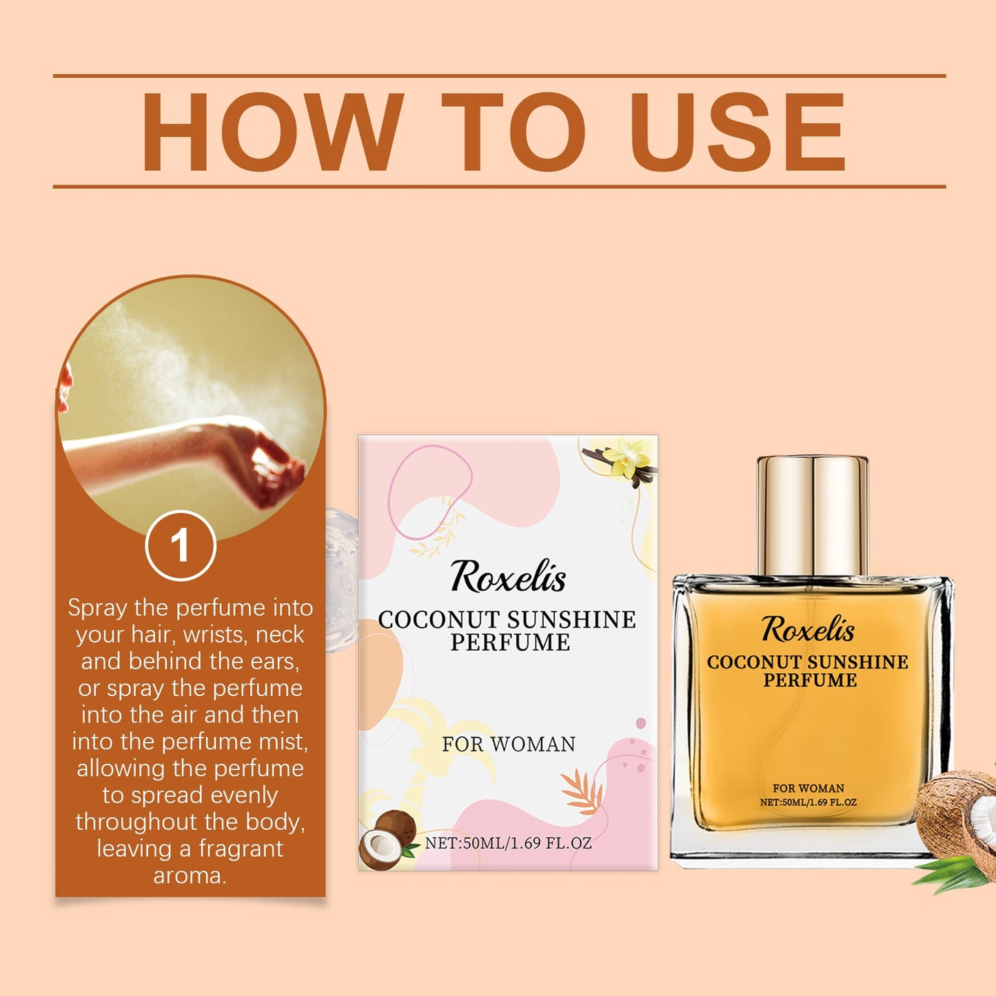 Roxelis Light Vanilla Coconut Perfume Fresh Light Fragrance Lasting Elegant Charming Women Fragrance Convenient Fresh Perfume