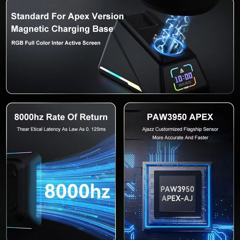 AJAZZ AJ179 APEX PAW3950 30000DPI 8Khz Wireless Gaming Mouse Right Handed Ergonomic Mouse with RGB Magnetic Screen Charging Base