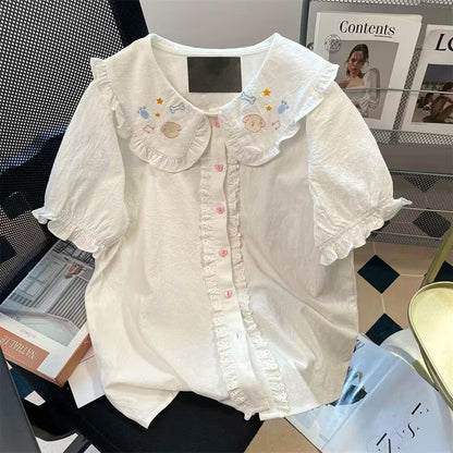Japanese Kawaii Cute Lolita Blouses Women Vintage Sweet Schoolgirl Lace Peter Pan Collar Shirts Spring Embroidery Y2k Tops Mujer