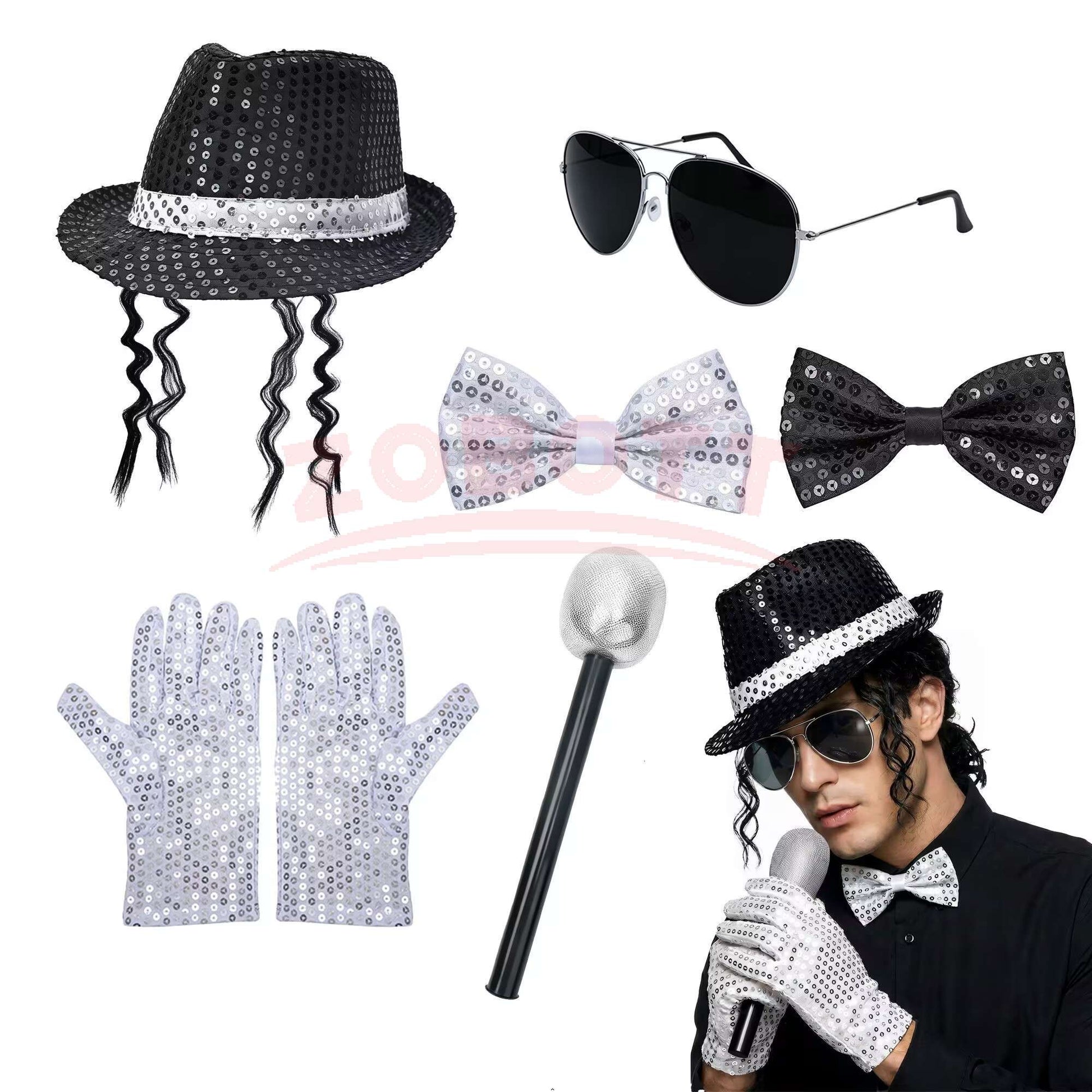 Disco Stage Performance Sequin Hat Tie Glove Set Michael Jackson Cosplay Style Sparkly Costume For Dance Party Halloween Gift