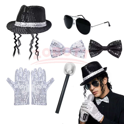 Disco Stage Performance Sequin Hat Tie Glove Set Michael Jackson Cosplay Style Sparkly Costume For Dance Party Halloween Gift