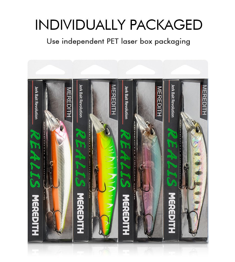 MEREDITH JERK MINNOW 100F 14g Flutuante Wobbler Isca de Pesca 24 Cores Isca Minnow Isca Dura Qualidade Profissional Profundidade0.8-1.0m