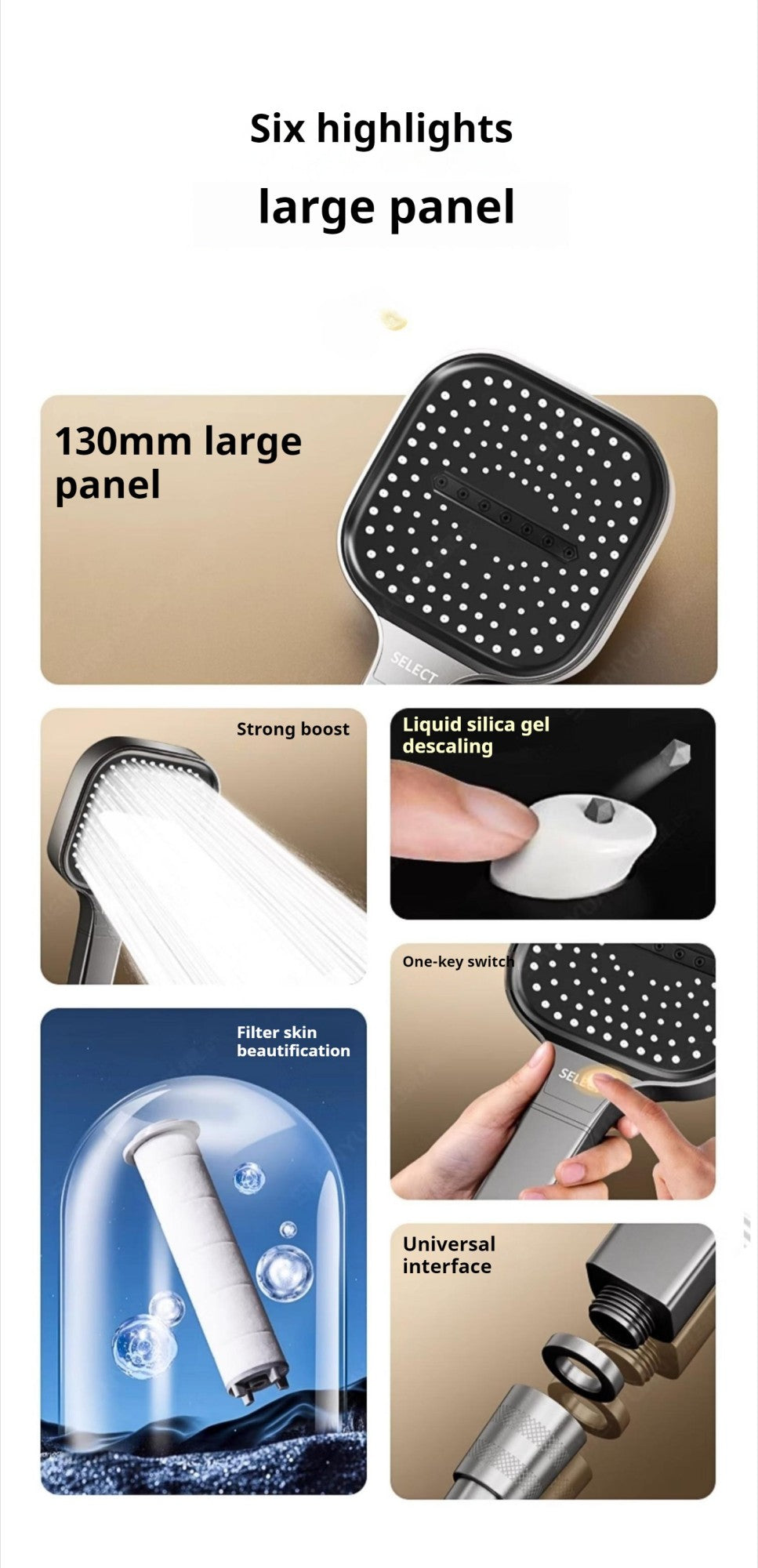 Chuveiro de alta pressão com painel grande de 13CM, com filtro, 3 modos, bico de pulverização de grande fluxo, chuveiro quadrado para banheiro