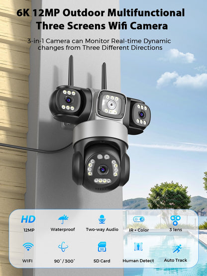BESDER 12MP WiFi IP Camera PTZ Three Screens Outdoor CCTV Security Surveillance Camera Night Vision Monitor 3D Space iCSee App