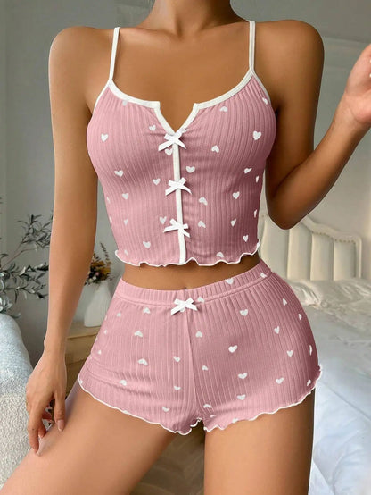 Sexy Heart Print Pajama Set for Women Sleepwear Silk Stain V-Neck Sleeveless Casual Cami Top and Shorts Sets Loungewear