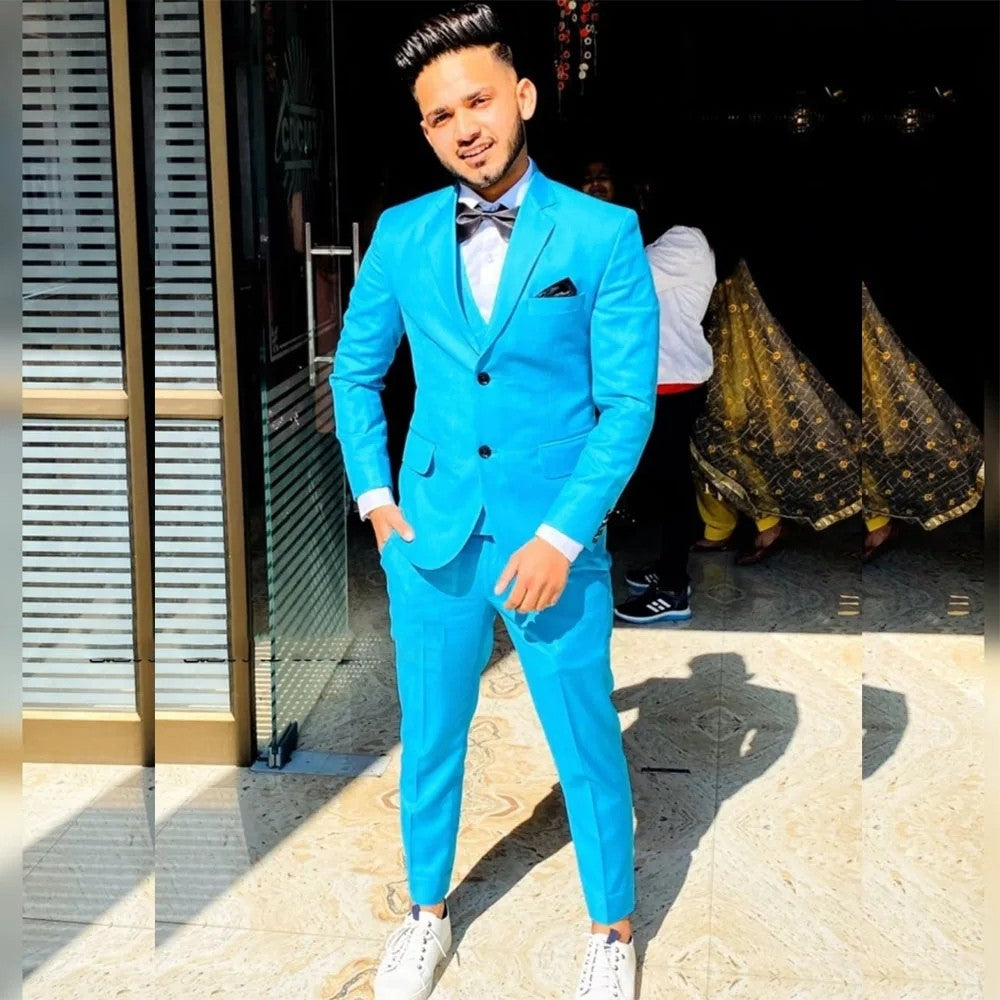 Men's Suits Blue 3 Pieces Single Breasted Notch Lapel Prom Party Blazer Prom Groom Prom Custom Costume Homme Jacket Pants Vest