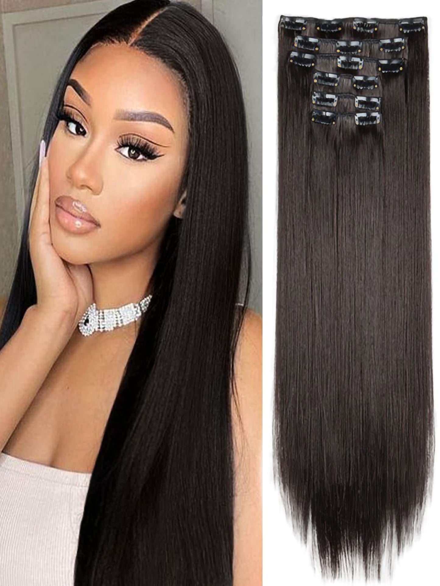 Apliques de Cabelo Natural de 24 Polegadas Cabelo Sintético para Mulheres Kit de Fios de Cabelo 16 Tic-Tacs em 6 Peças Apliques Mechas de Cabelo