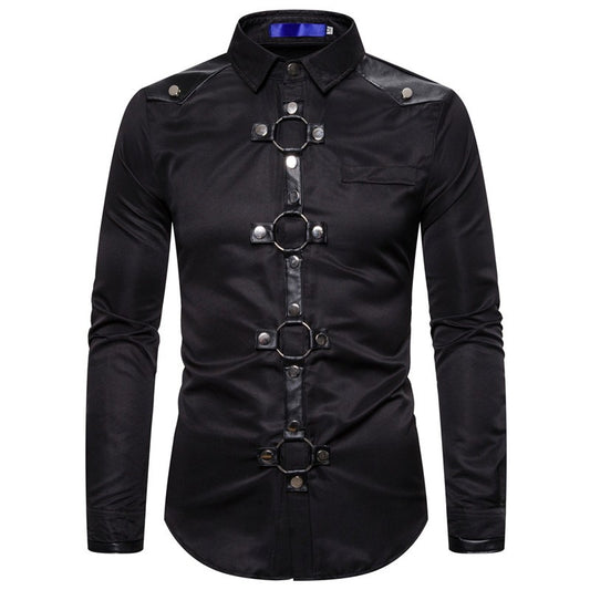 Long Shirt Men New Goth Style Rivet Solid Color Cargo Shirt Slim Fit Chemise Noel Party Singer Stage Streetwear For Men Clothing