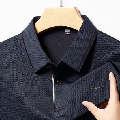 New Men's Business Casual Long Sleeved Shirt with Badge Solid Color Polo Shirt Fashionable Breathable Comfortable Versatile Top