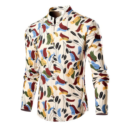 Chinese Style Men's Stand-up Collar Long-sleeved Shirt, Single-breasted Printed Shirts, Fashion Casual Camisas, Red Green Blue