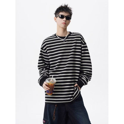 Lazy Style Striped Loose T Shirts Men's Long Sleeve All-match Youth Street Casual Tops Spring Autumn Korean Trend Men Clothing