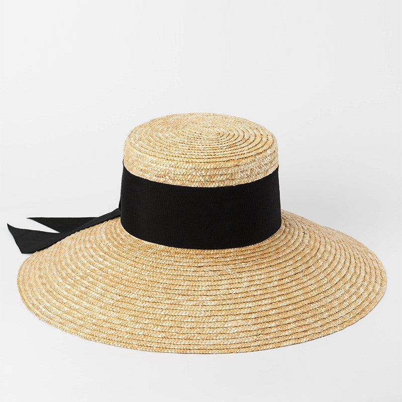2024 Summer Straw Hat Beach Hat Women's Seaside Sun Hat Vacation Bow Ribbon Flat Top Big Brim Straw Hat praia ??