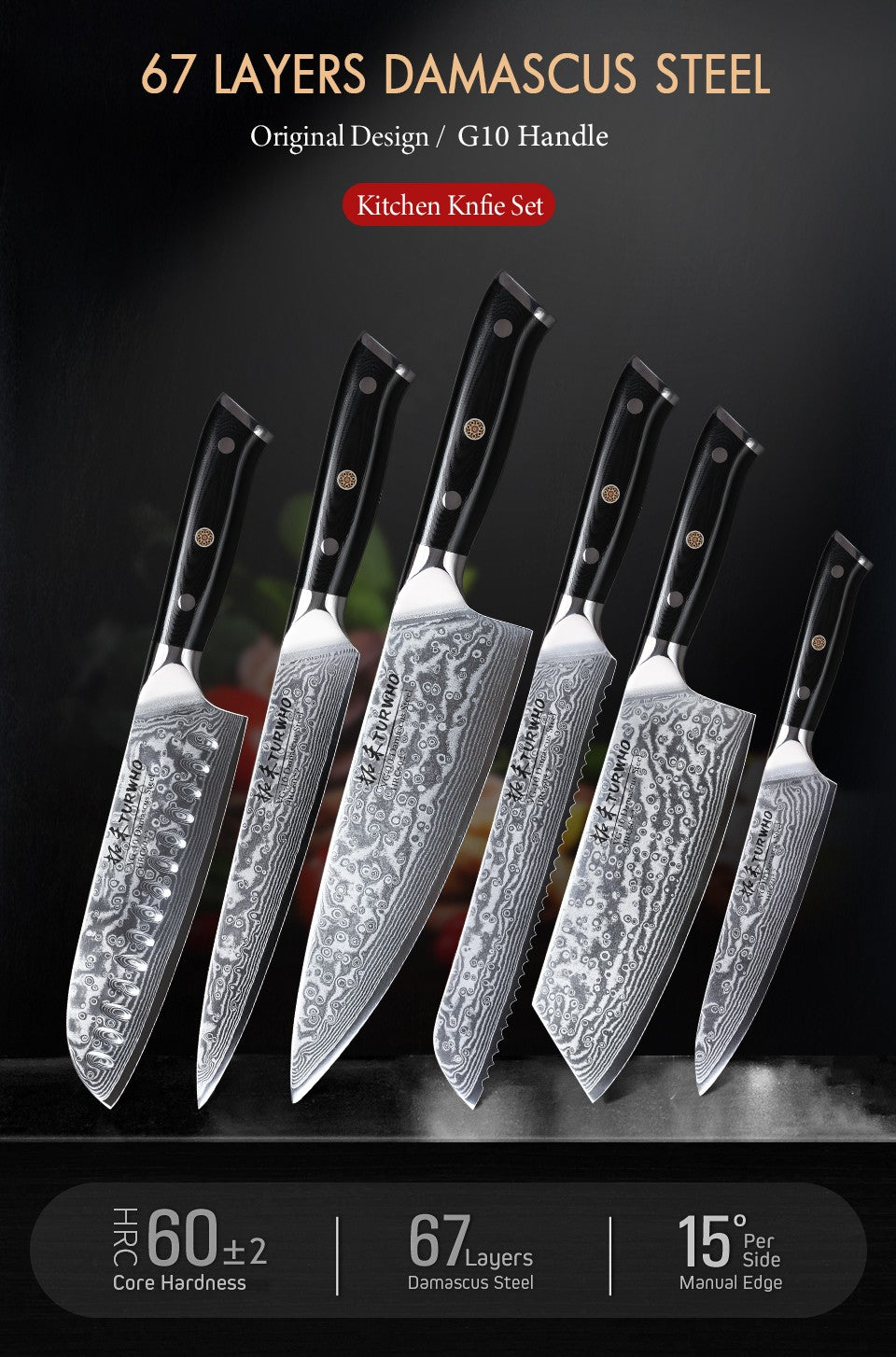 Conjunto de Facas TURWHO 1-6 Peças Aço Damasco 67 Camadas Facas de Cozinha Santoku Faca de Chef Faca Multiuso Para Pão Ferramentas de Cozinha