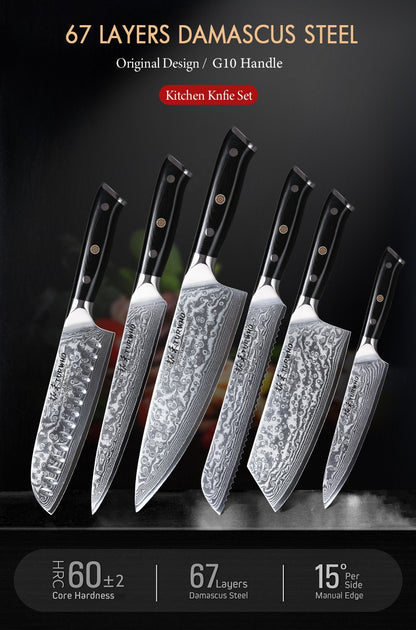 Conjunto de Facas TURWHO 1-6 Peças Aço Damasco 67 Camadas Facas de Cozinha Santoku Faca de Chef Faca Multiuso Para Pão Ferramentas de Cozinha