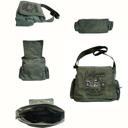 Vintage Men Canvas Messenger Bag Crossbody Bags Unisex Motorcycle Print Shoudler Bag Large Capacity Commuting Bag