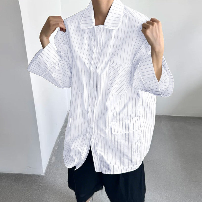 INCERUN Men Striped Shirt Lapel 3/4 Sleeve Oversize Casual Men Clothing Streetwear Korean Style Loose Fashion Tops Male Shirts