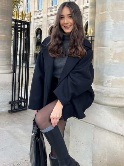 Women's Oblique Button Loose Batwing Sleeve Jacket Coat Lapel Double Pocket Warm Solid Vintage Outerwear Fall Winter Coat