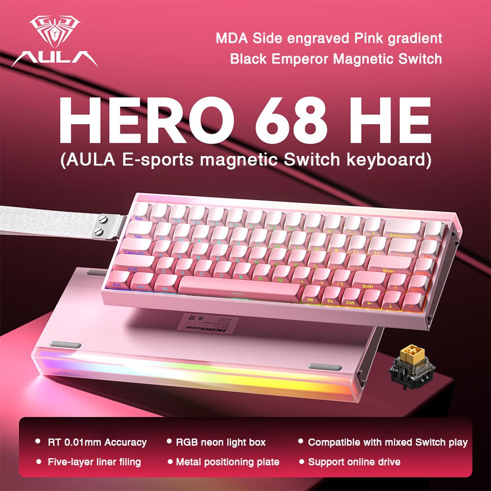 Teclado AULA HERO 68HE com Switch Magnético, Rapid Trigger, 8K de Retorno, Teclado Gamer de Esports, RGB com Fio