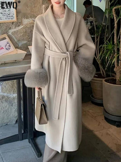 [EWQ] Wool Fox Fur Sleeve Women Coat Elegant Clothing Autumn 2025 Winter Double-sided Jacket Big Size Wine Red Overcoats 16O2751