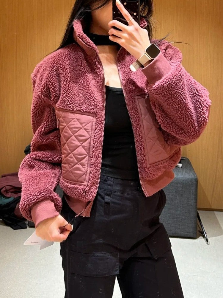 Loose Fit Long Sleeves Short Jacket High Street Zipper Winter Jacket Women Casual Fashion Warm Lamb Fleece Jackets for Women