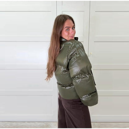 Fashion Glossy Padded Jacket Women's Solid Turtleneck Long Sleeve Warm Down Coat 2025 Autumn Winter New Lady Casual Outerwear