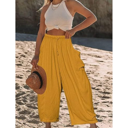 Women's Stretched-waist Pleated High-waisted Wide-leg Trousers Spring Autumn Fashion Cotton Linen Pocket Casual Trousers Woman