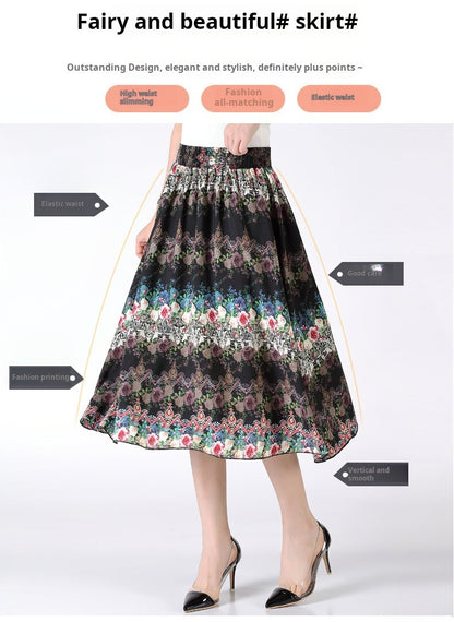 Women's Plus Size Half Skirt 2024 Summer New Bohemian Style Printed Pleated Skirt Fashionable Spring Women's Clothing